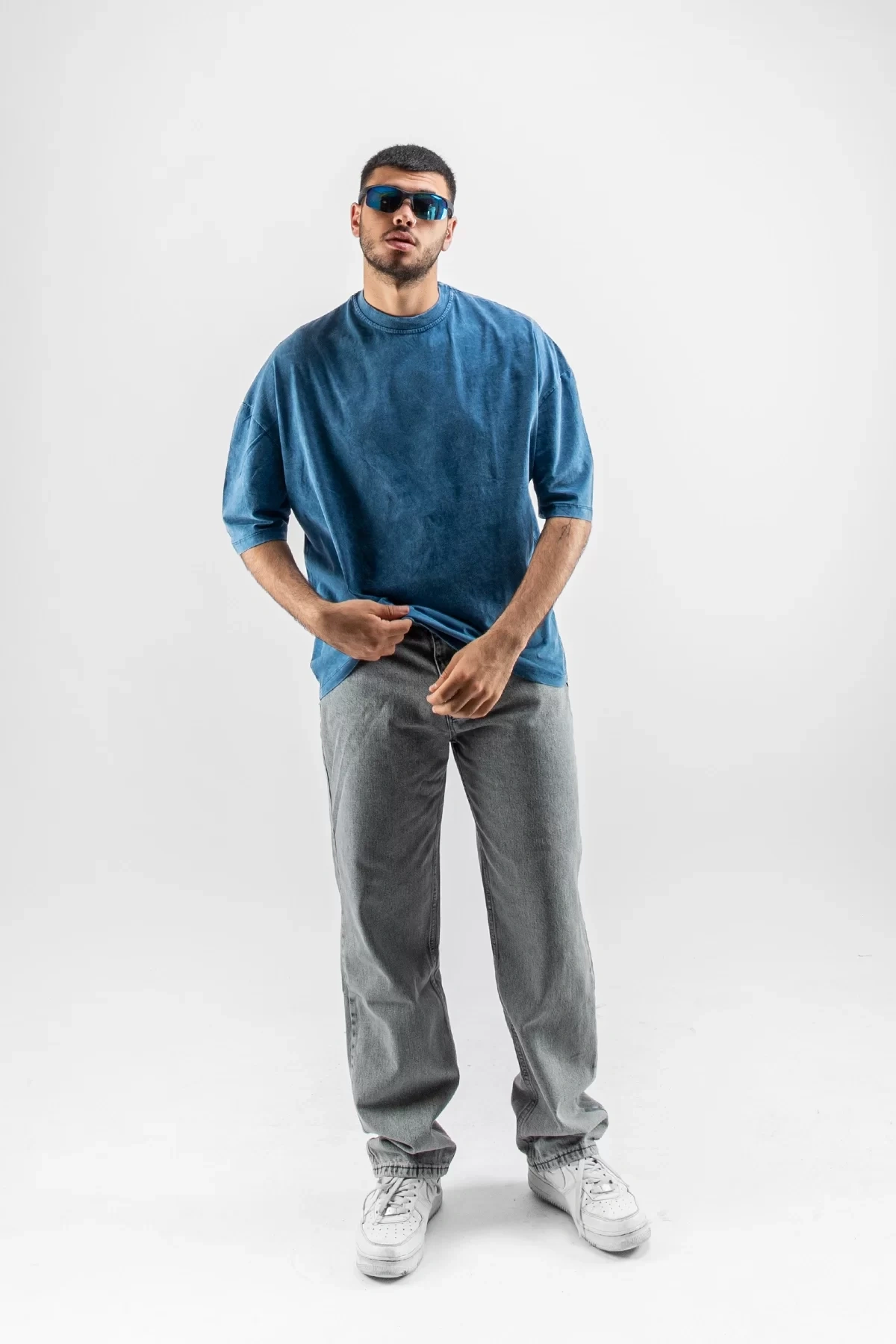 Yıkamalı Mavi Basic Oversize Unisex Tshirt