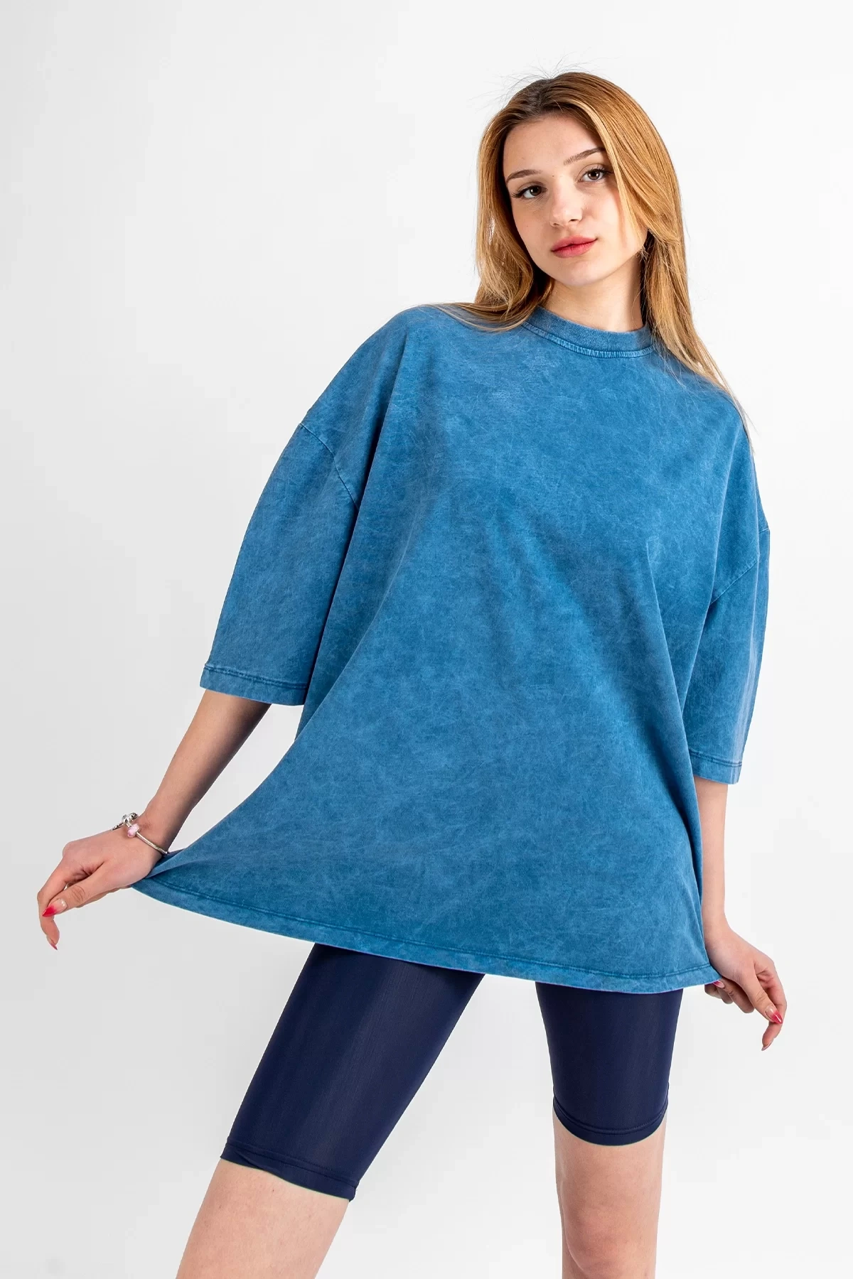 Yıkamalı Mavi Basic Oversize Unisex Tshirt