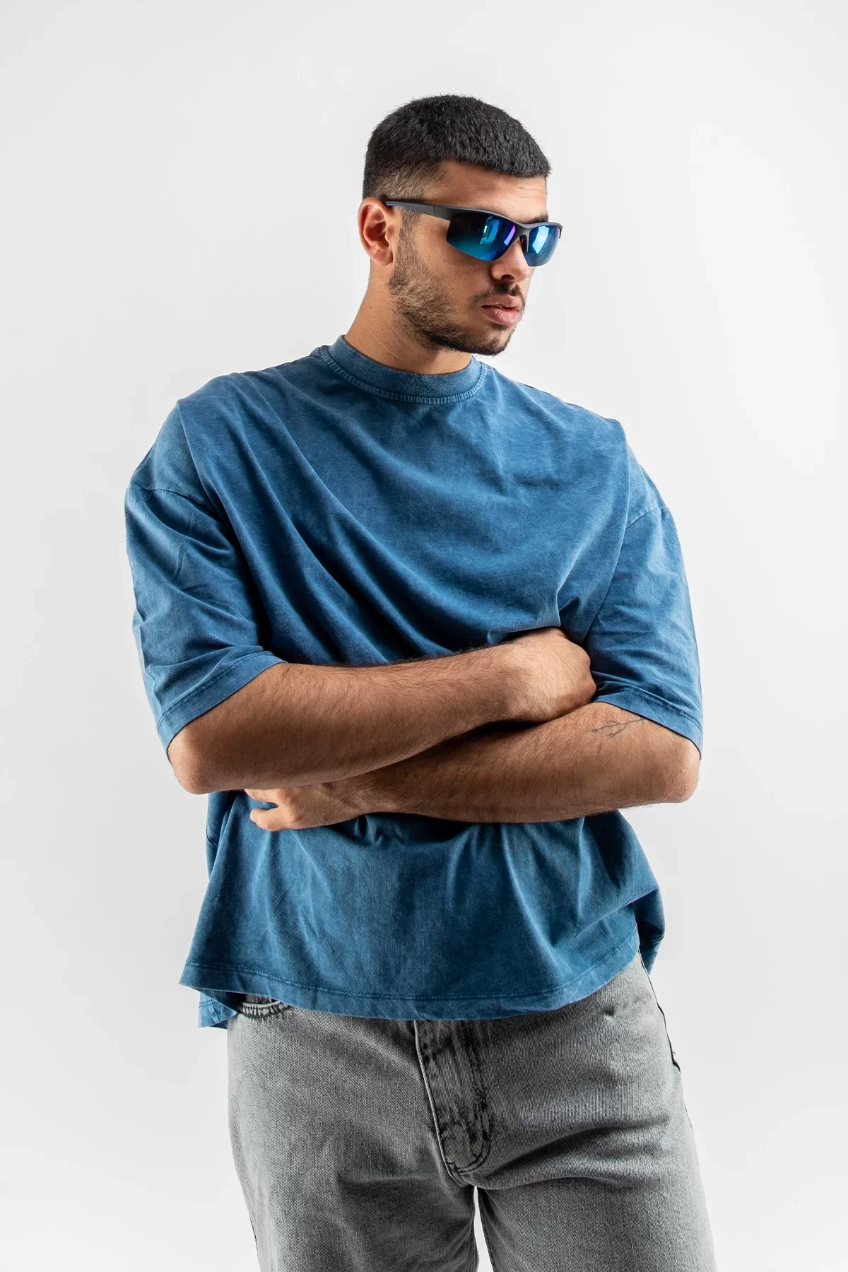 Yıkamalı Mavi Basic Oversize Unisex Tshirt