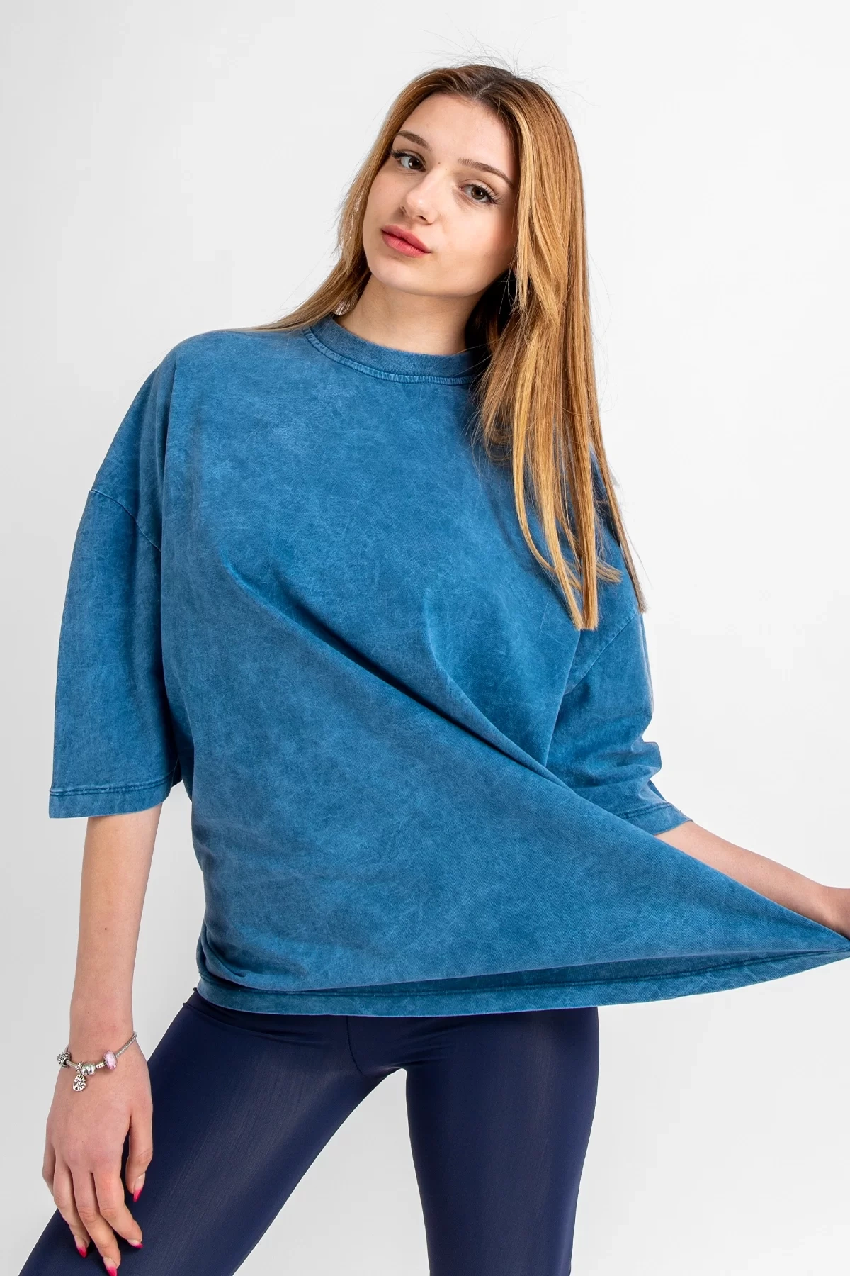 Yıkamalı Mavi Basic Oversize Unisex Tshirt