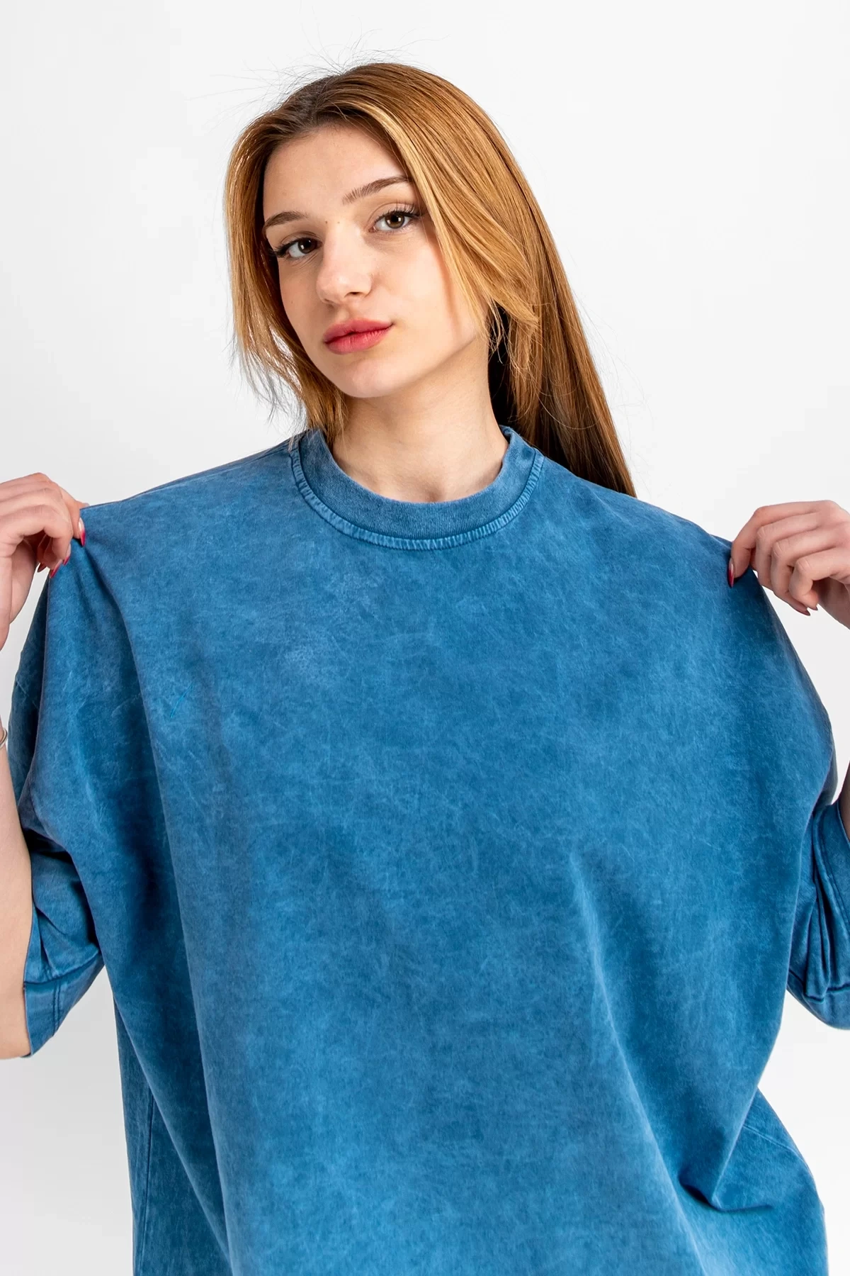 Yıkamalı Mavi Basic Oversize Unisex Tshirt