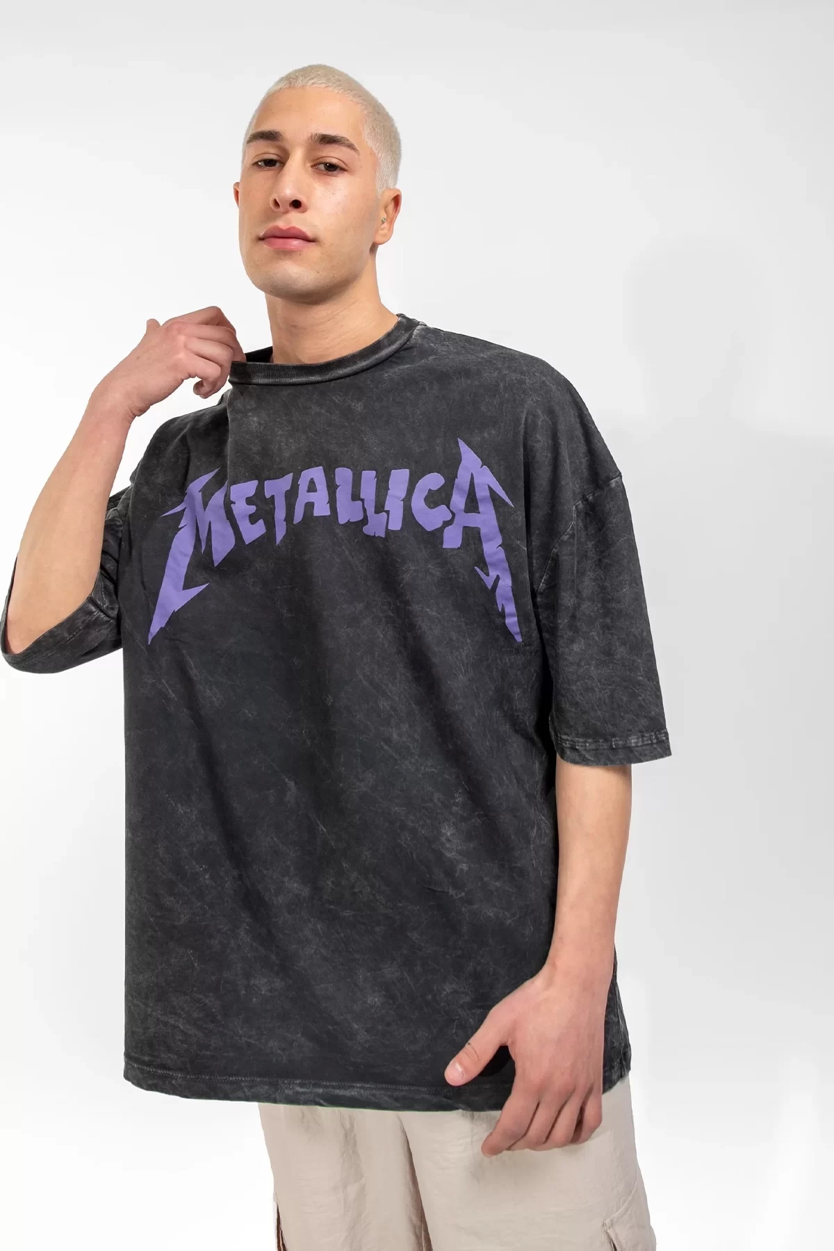 Yıkamalı Metallica Mor Sırt Baskılı Unisex Oversize Tshirt