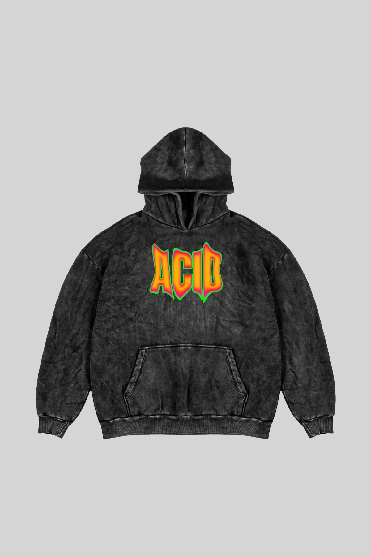 Yıkamalı Siyah Acid Baskılı Oversize Unisex Hoodie