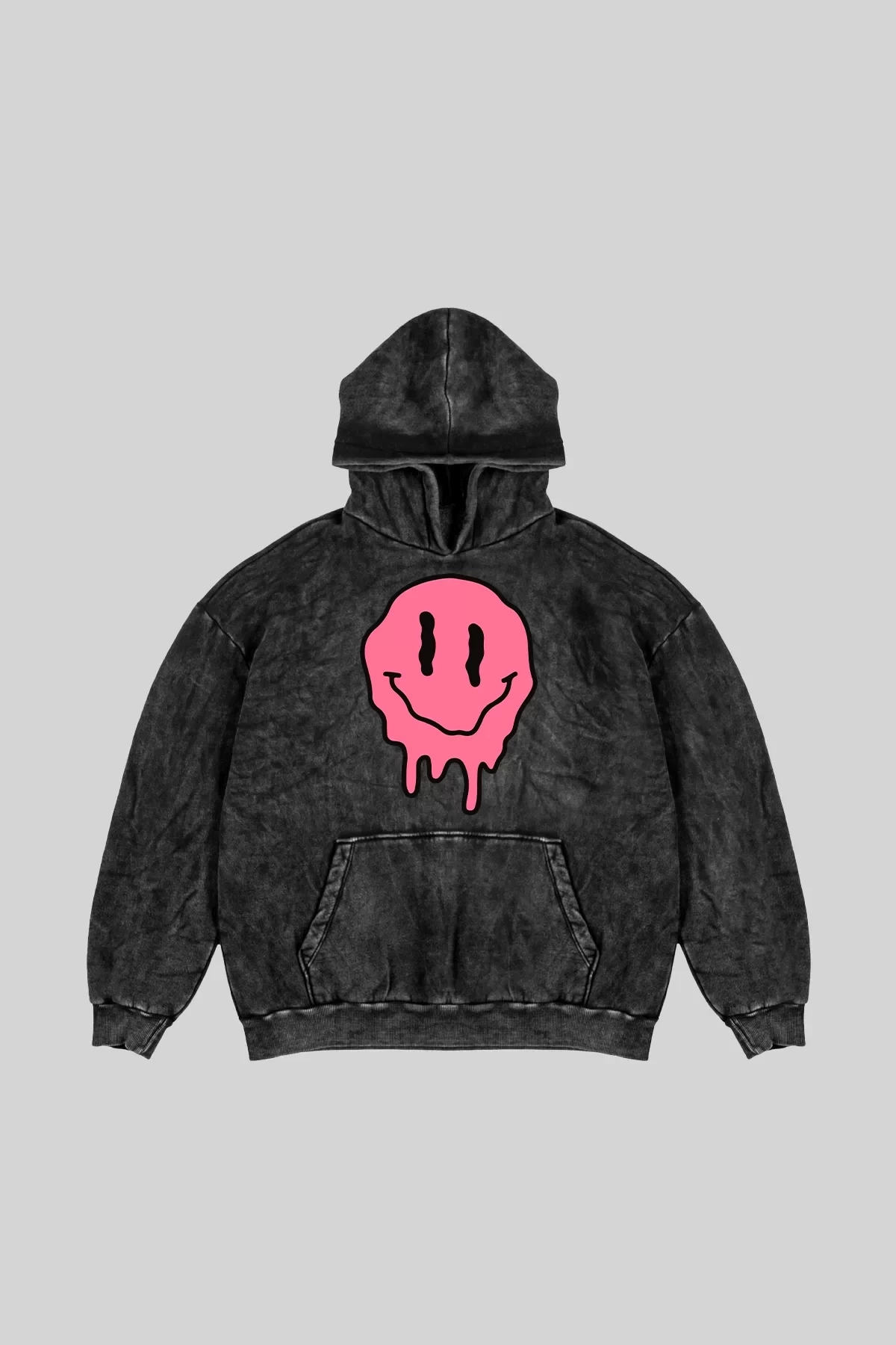 Yıkamalı Siyah Acid Smile Baskılı Oversize Unisex Hoodie