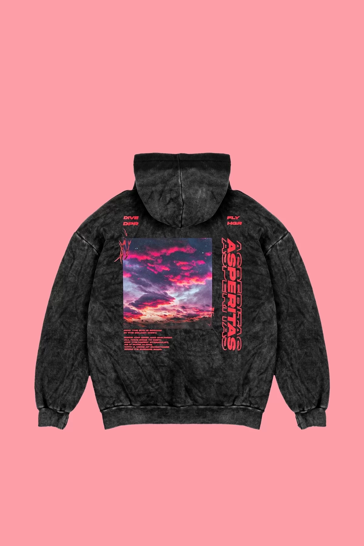 Yıkamalı Siyah Asperitas Sırt Baskılı Oversize Unisex Hoodie