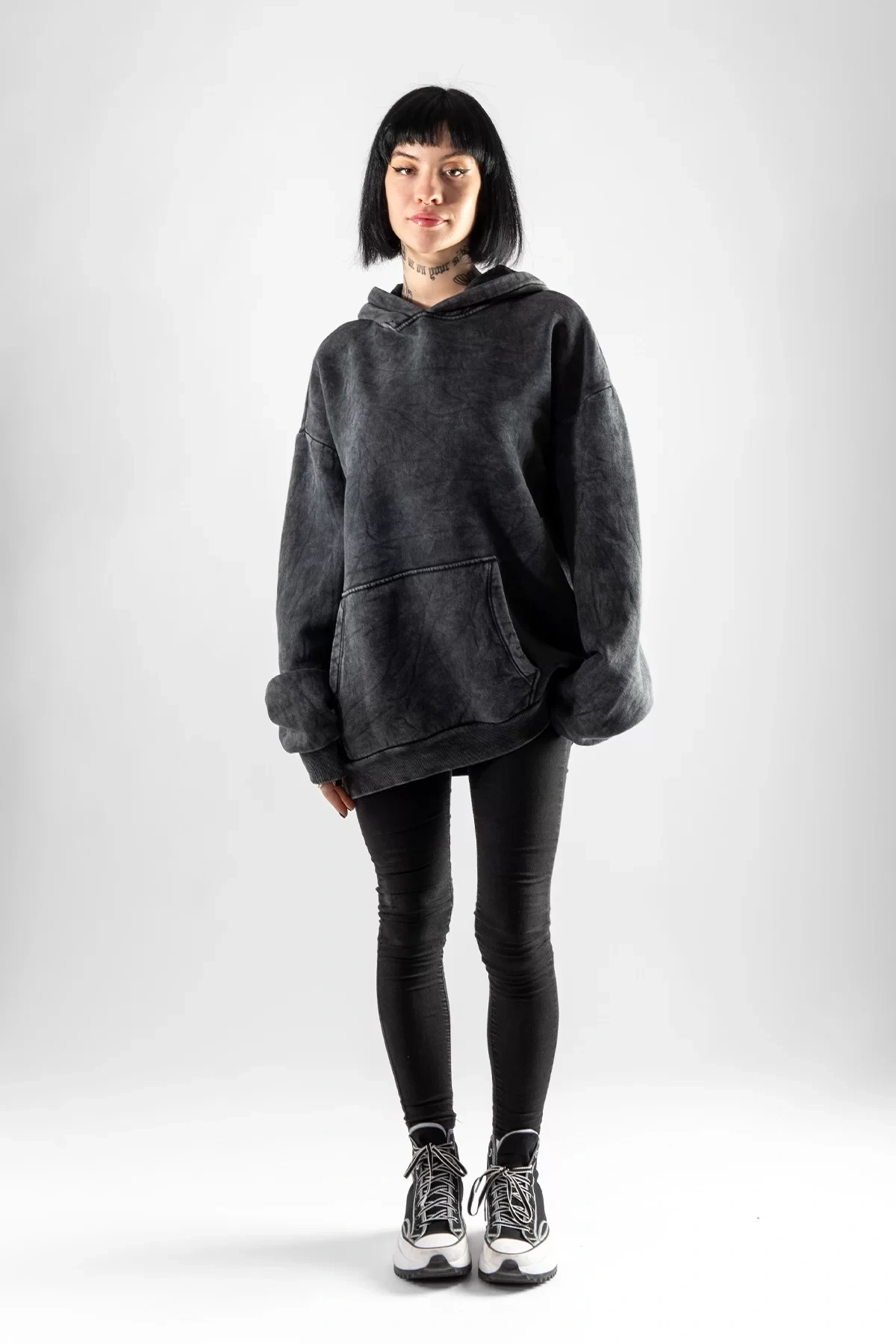 Yıkamalı Siyah Basic Oversize Unisex Hoodie