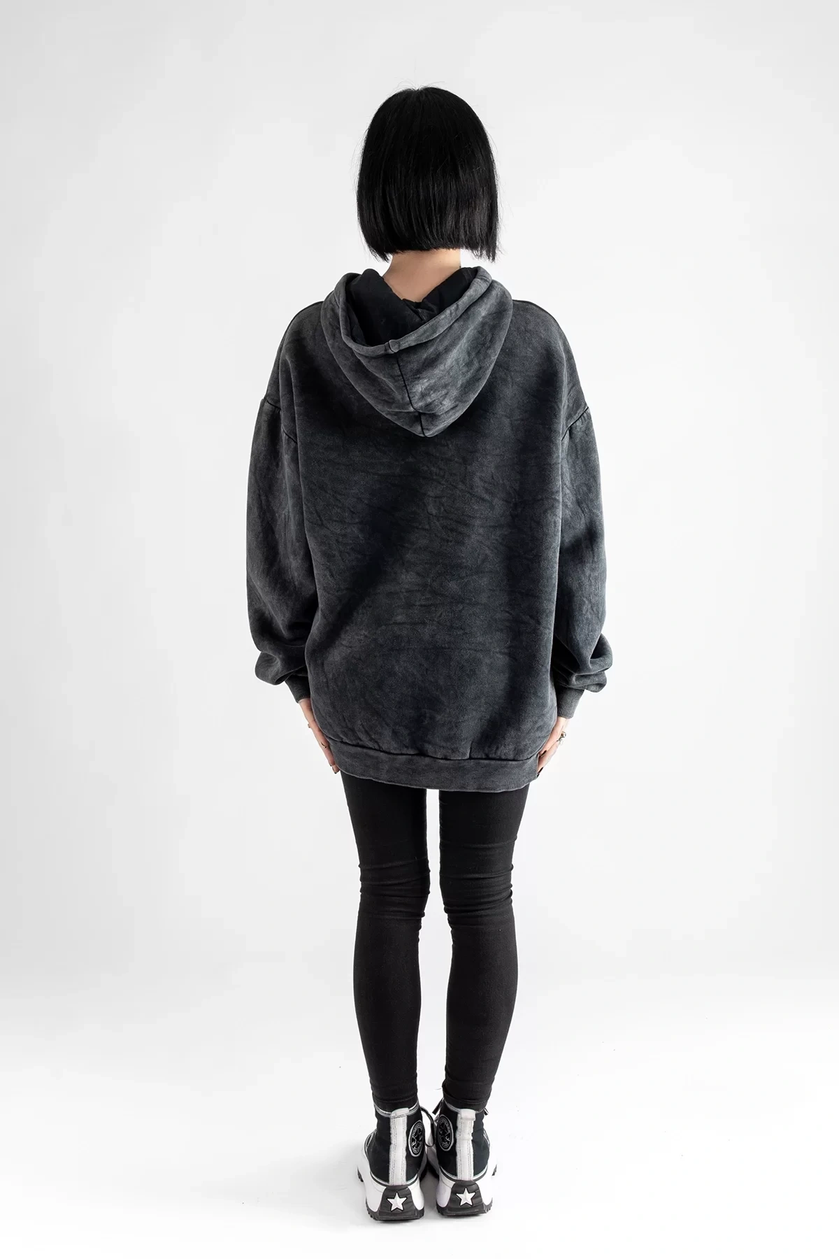 Yıkamalı Siyah Basic Oversize Unisex Hoodie