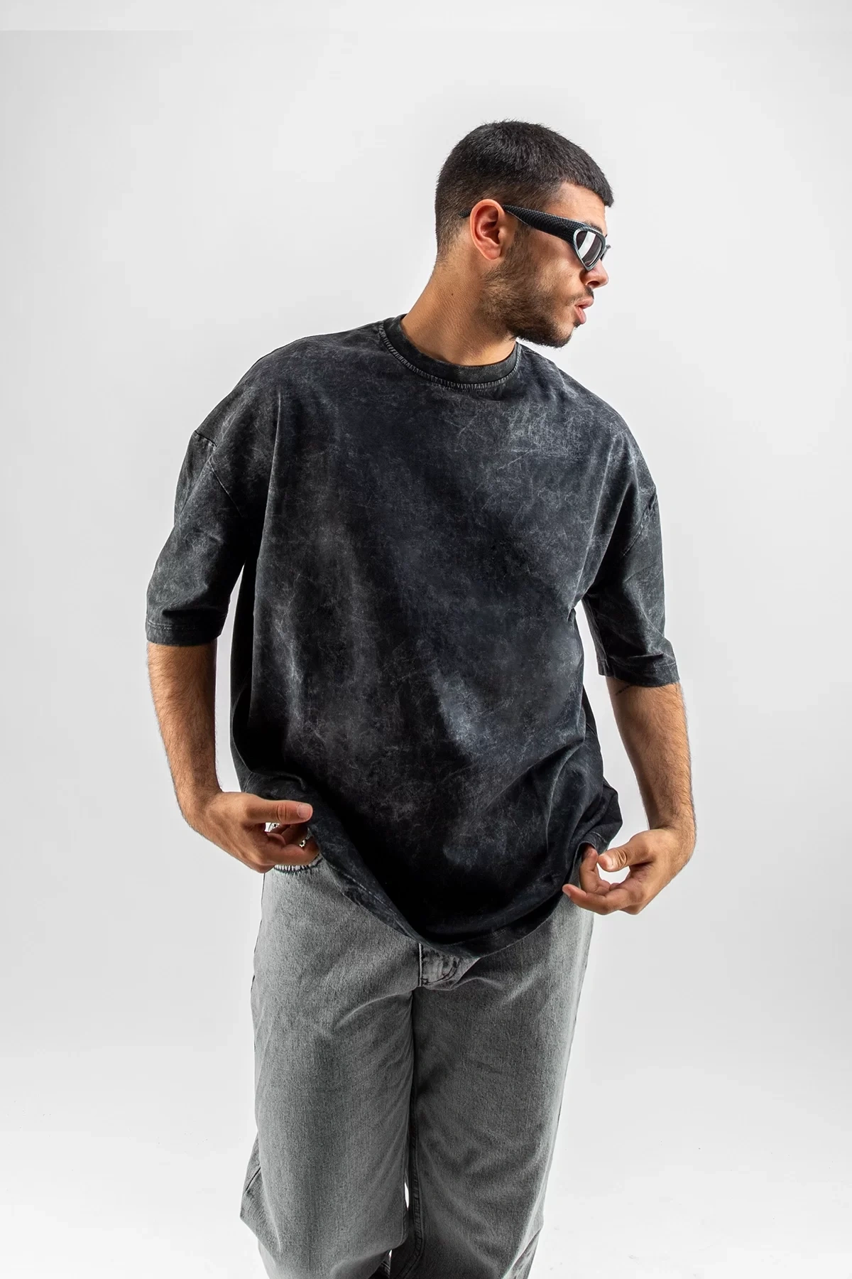 Yıkamalı Siyah Basic Oversize Unisex Tshirt