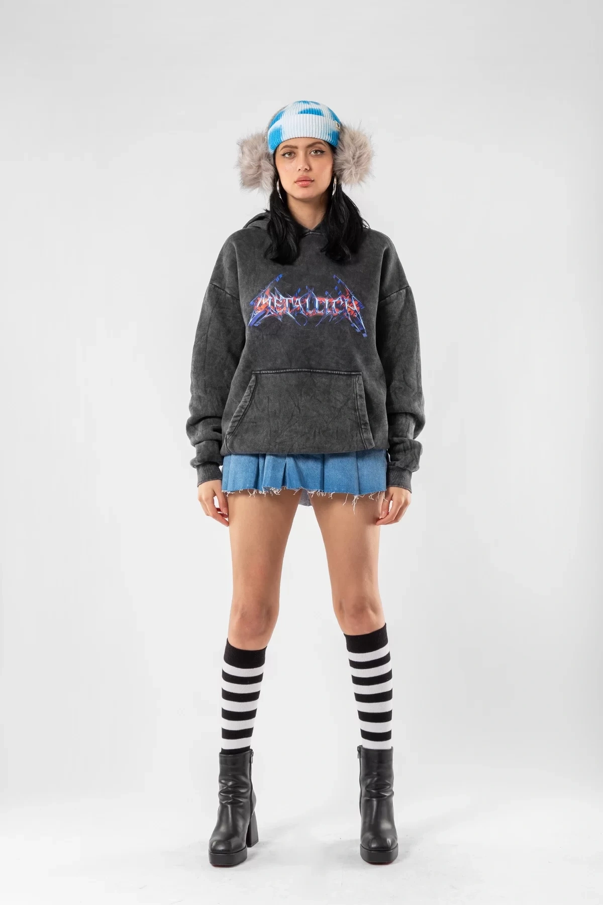 Yıkamalı Siyah Colourful Metallica Logo Baskılı Oversize Unisex Hoodie