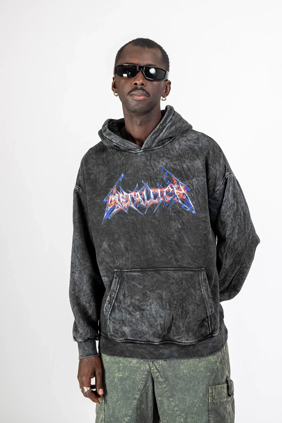 Yıkamalı Siyah Colourful Metallica Logo Baskılı Oversize Unisex Hoodie