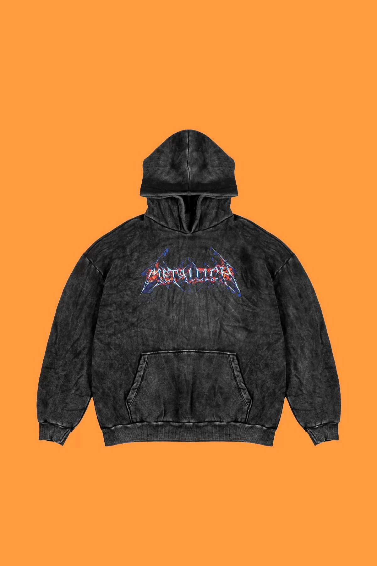 Yıkamalı Siyah Colourful Metallica Logo Baskılı Oversize Unisex Hoodie