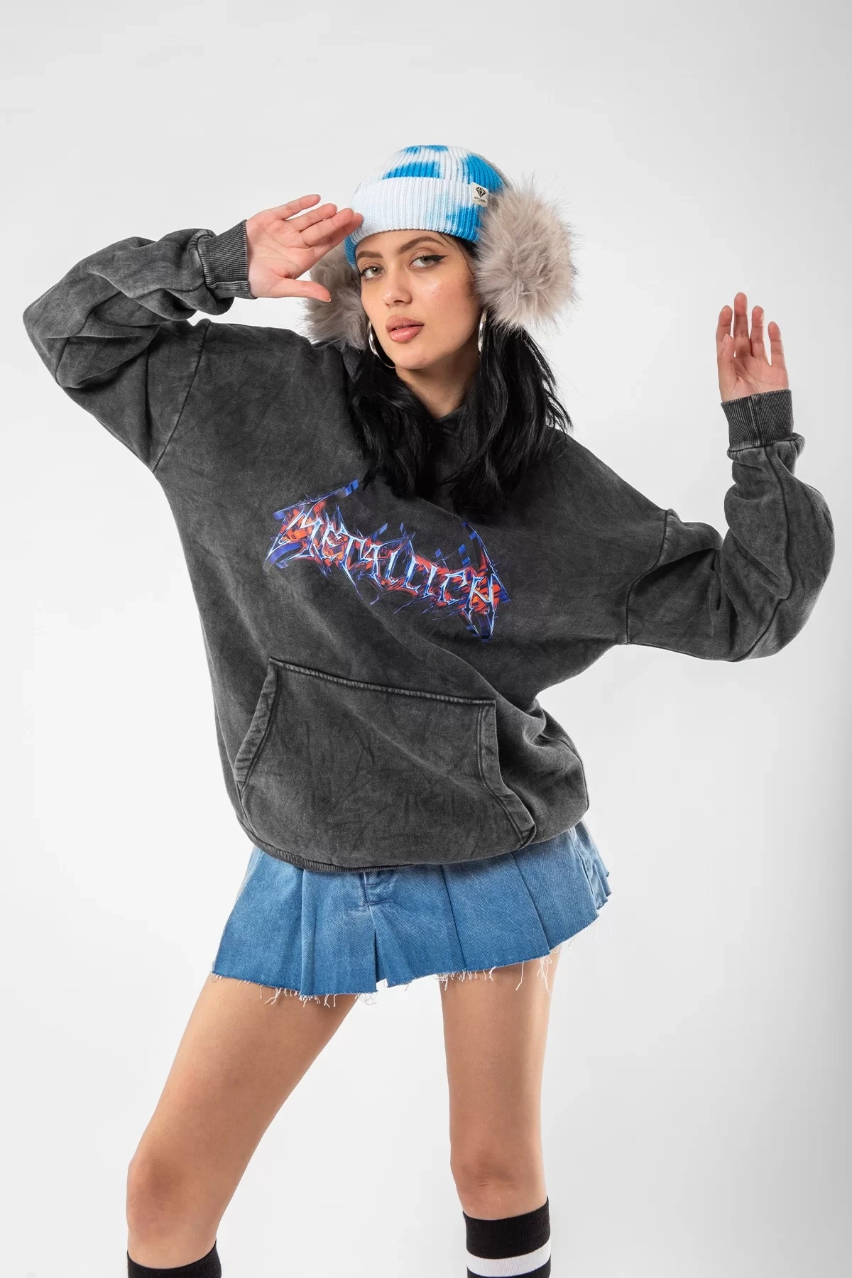 Yıkamalı Siyah Colourful Metallica Logo Baskılı Oversize Unisex Hoodie