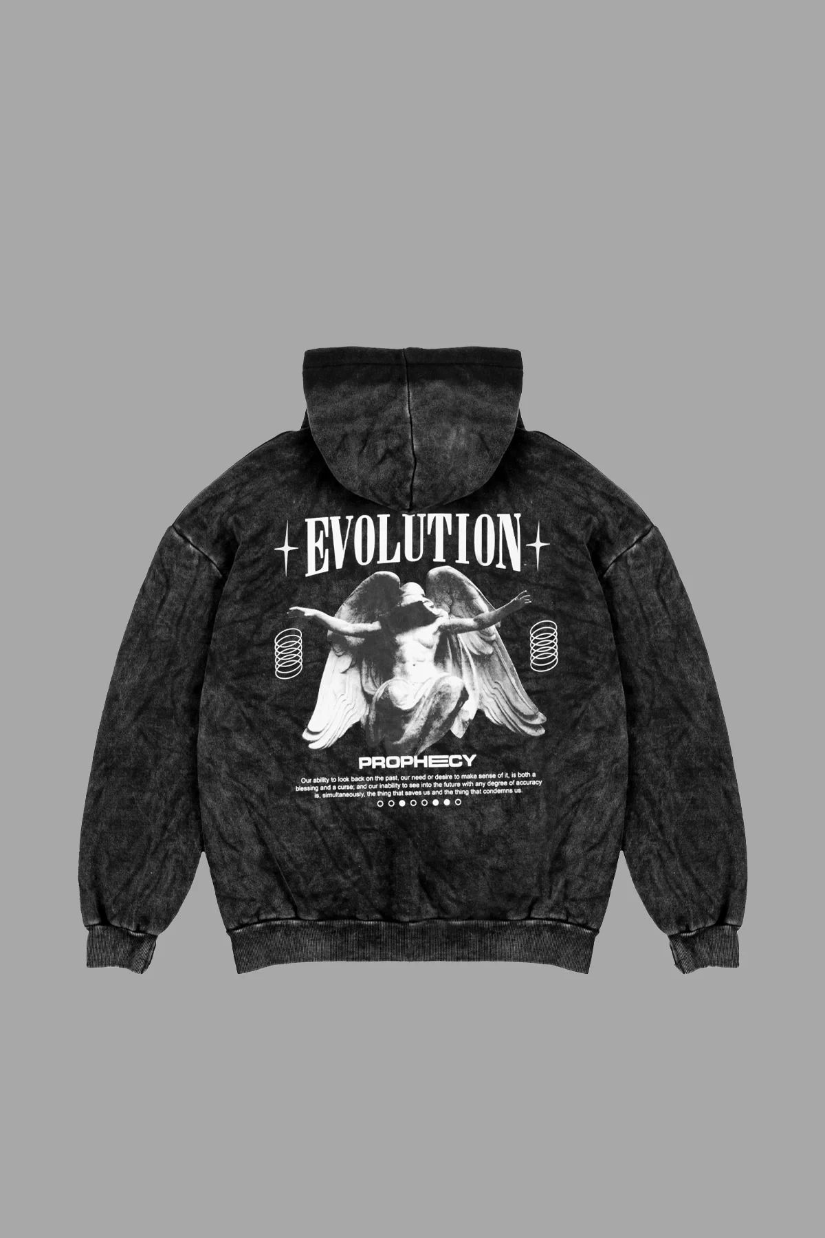 Yıkamalı Siyah Evolution Baskılı Oversize Unisex Kapüşonlu Hoodie