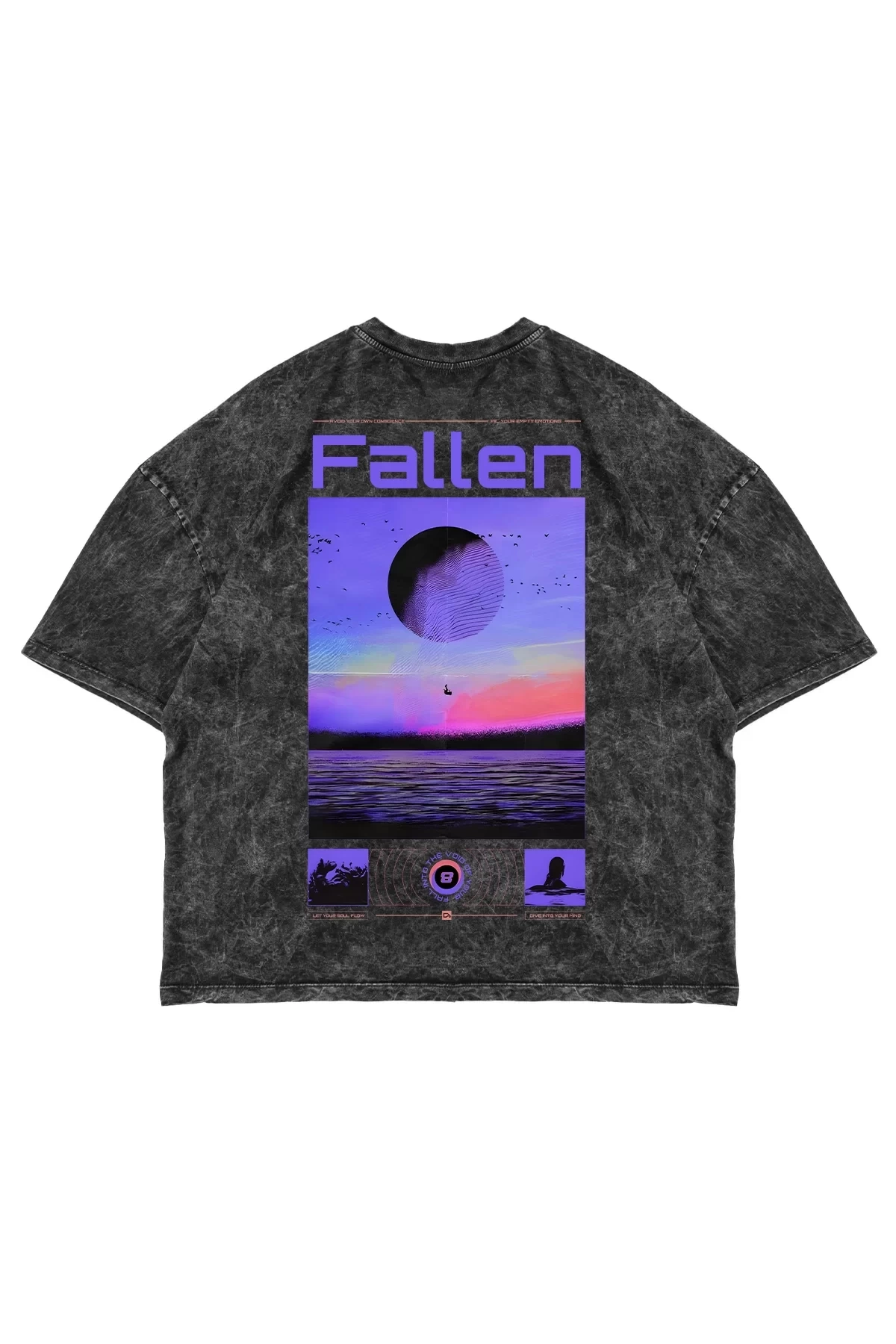 Yıkamalı Siyah Fallen Sırt Baskılı Oversize Unisex Tshirt