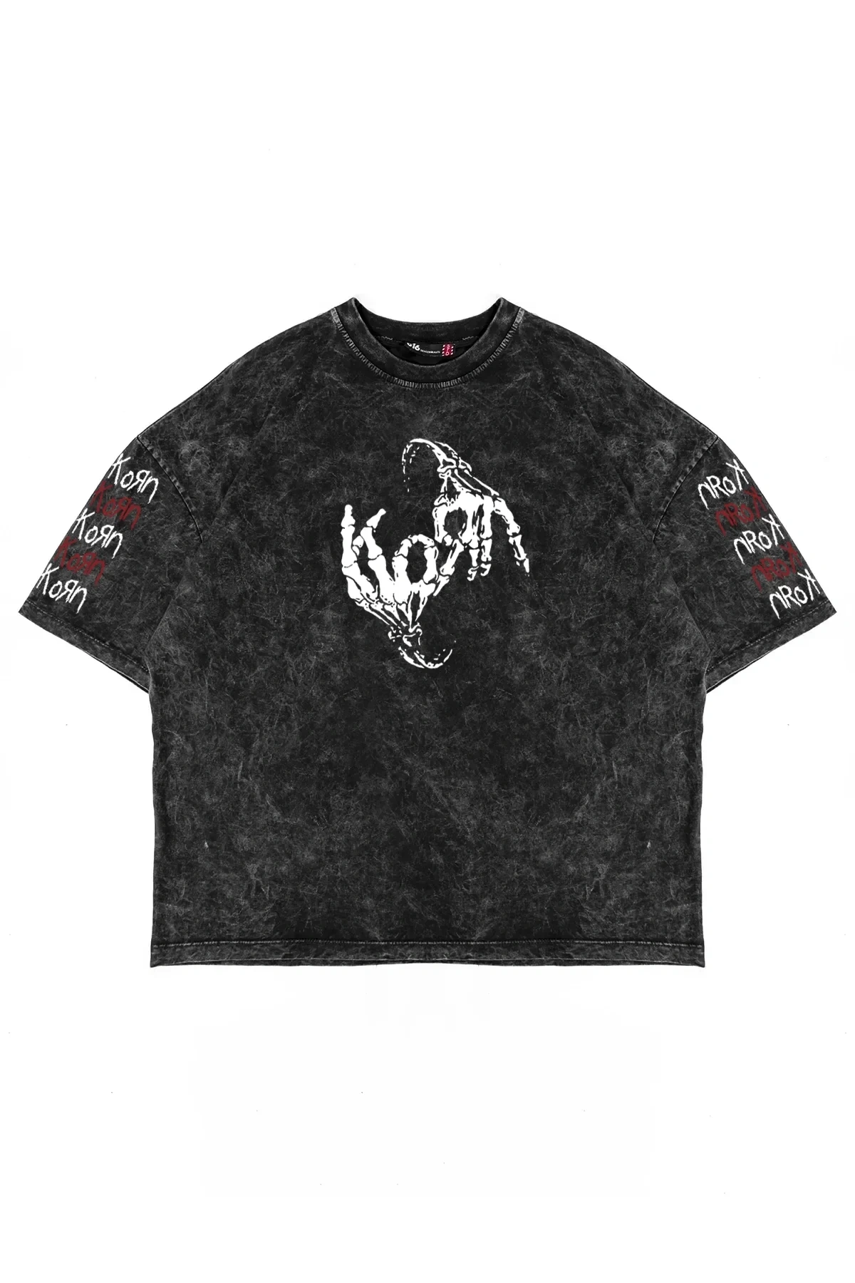 Yıkamalı Siyah Korn Sırt Baskılı Oversize Unisex Tshirt