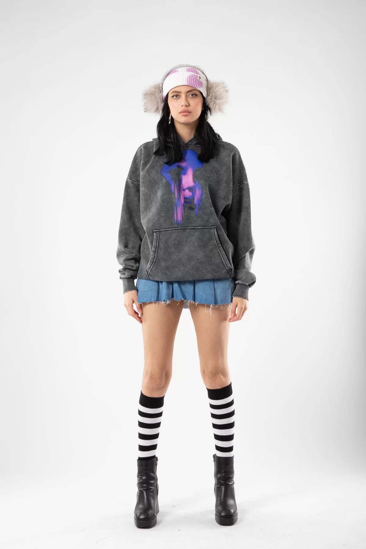 Yıkamalı Siyah Lana Baskılı Oversize Unisex Hoodie