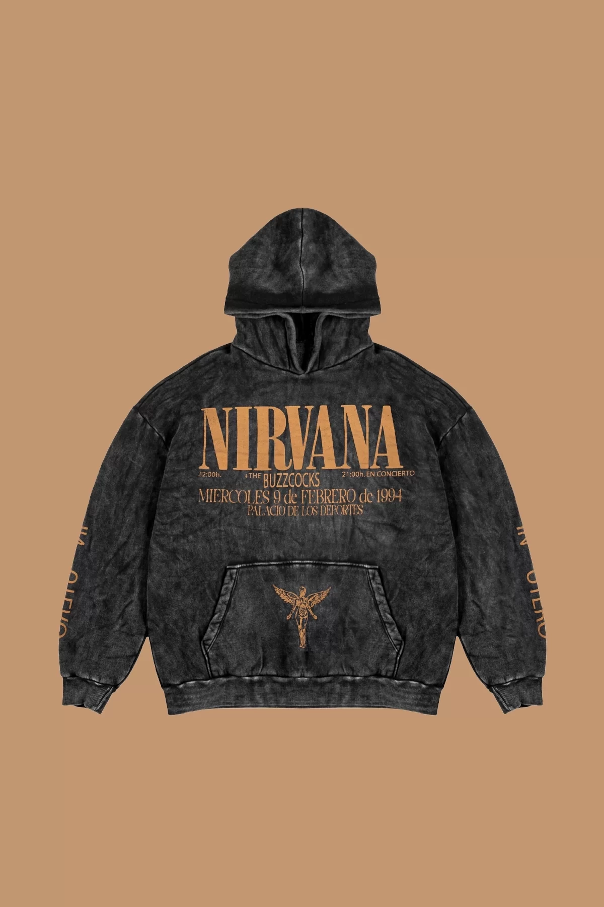 Yıkamalı Siyah Nirvana Sırt Baskılı Unisex Oversize Hoodie