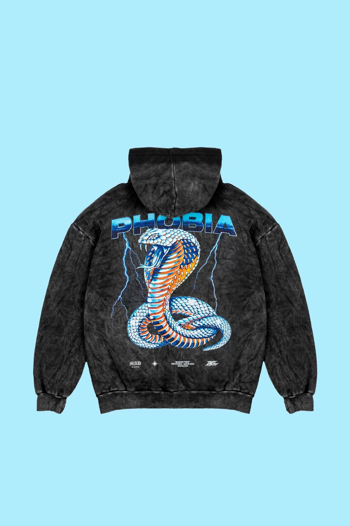 Yıkamalı Siyah Phobia Sırt Baskılı Unisex Oversize Hoodie