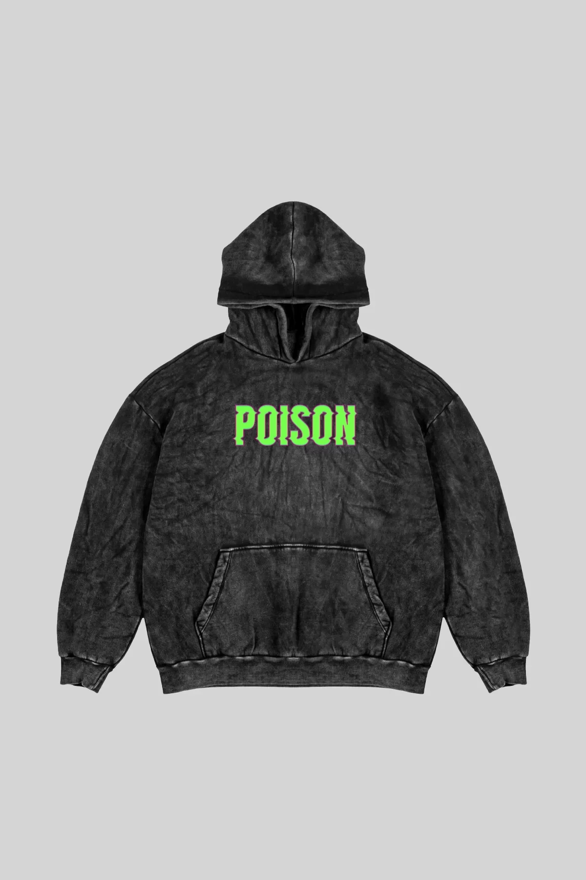 Yıkamalı Siyah Poison Baskılı Oversize Unisex Hoodie