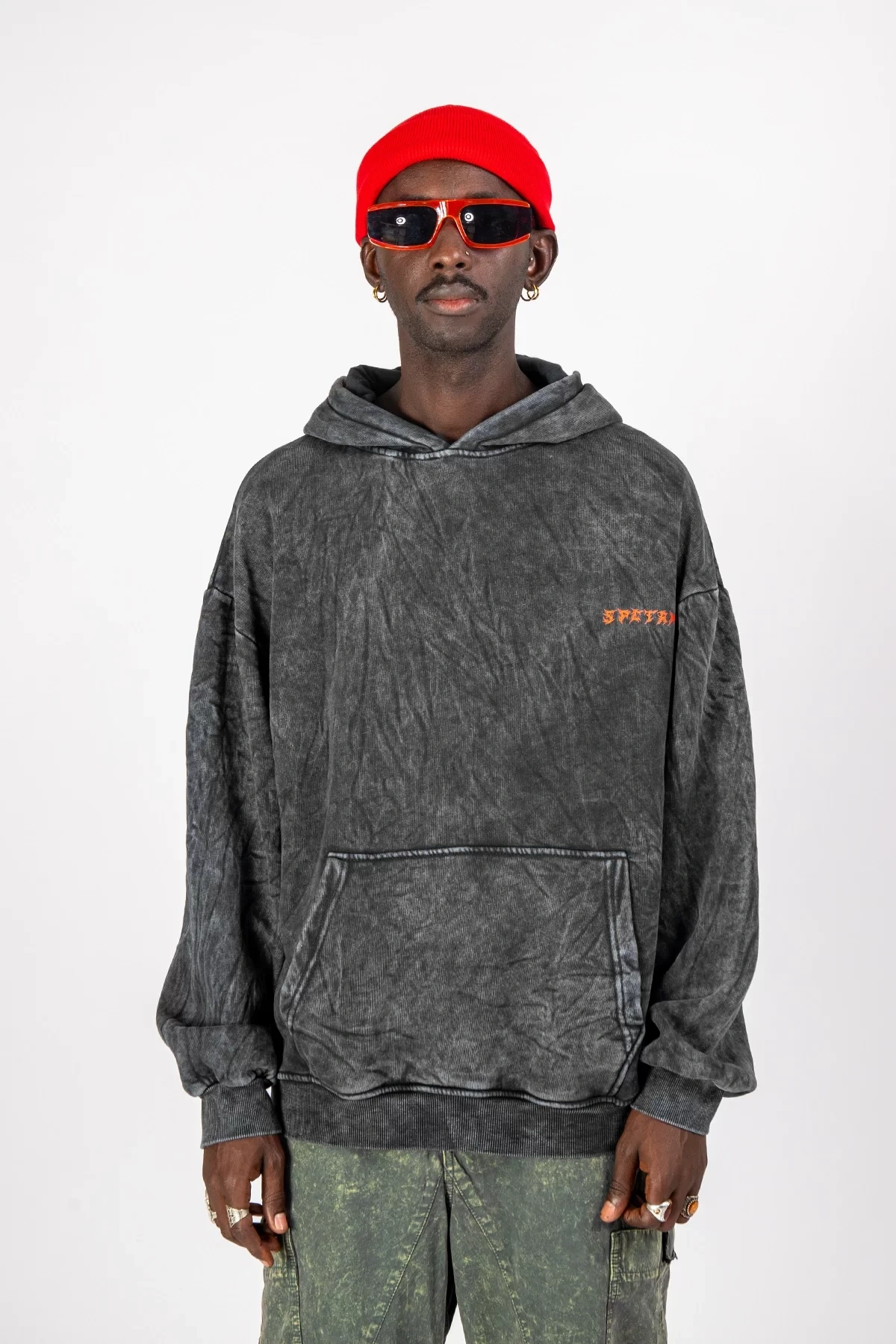 Yıkamalı Siyah Spectrum Sırt Baskılı Oversize Unisex Hoodie