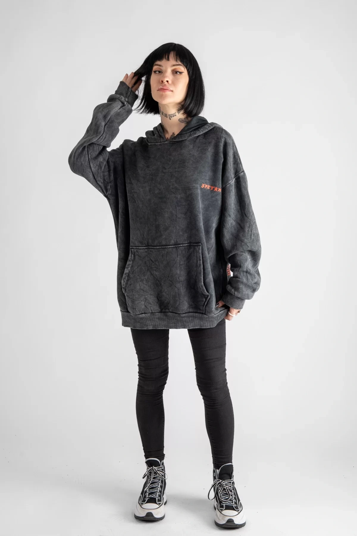 Yıkamalı Siyah Spectrum Sırt Baskılı Oversize Unisex Hoodie