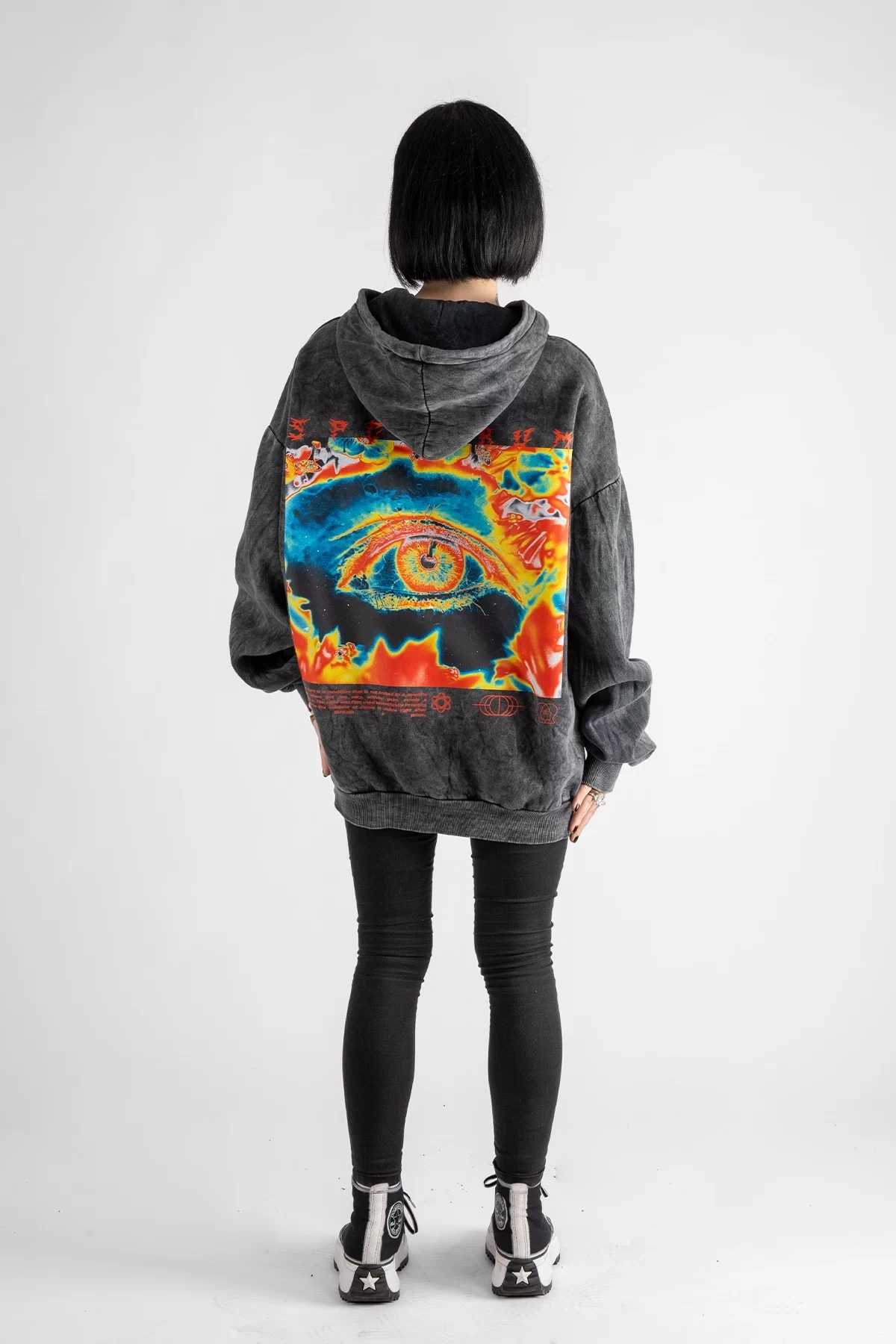 Yıkamalı Siyah Spectrum Sırt Baskılı Oversize Unisex Hoodie
