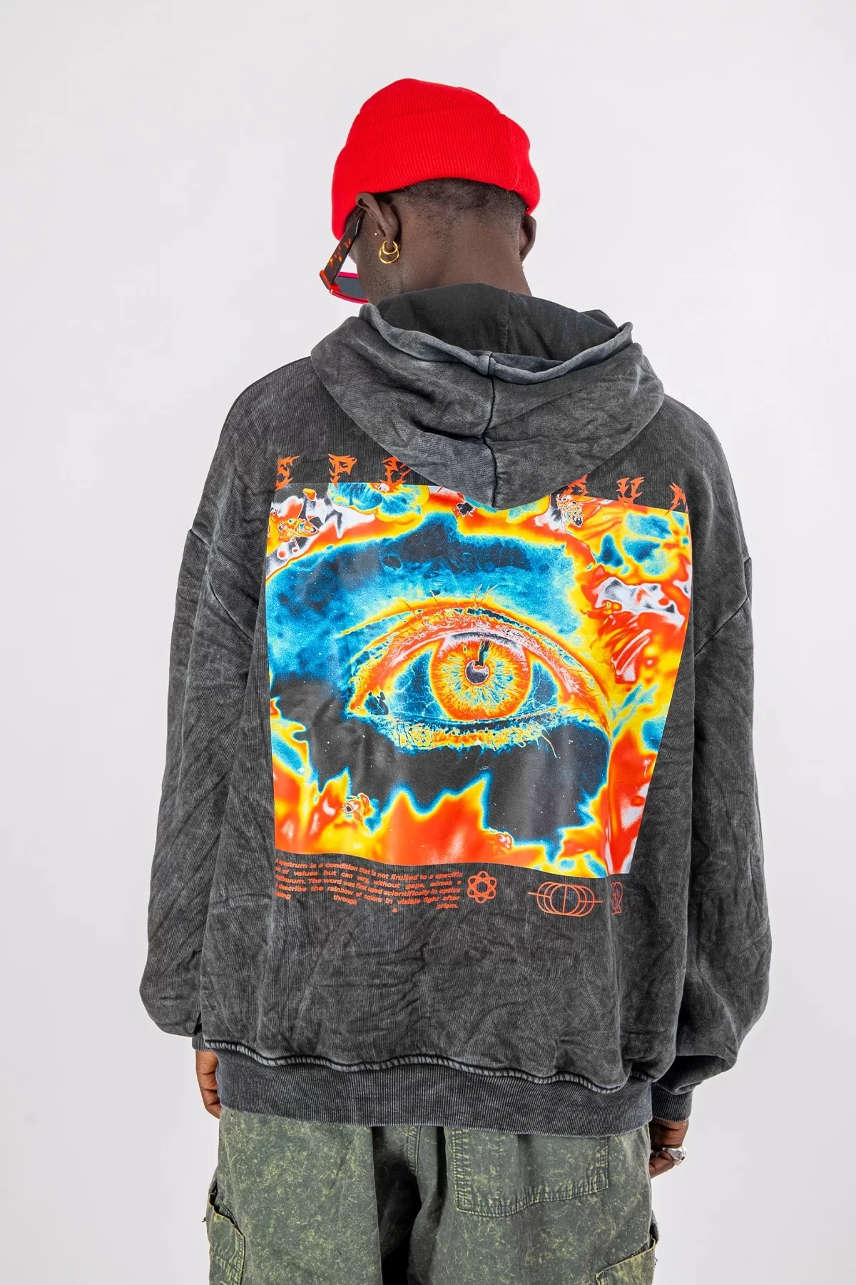 Yıkamalı Siyah Spectrum Sırt Baskılı Oversize Unisex Hoodie