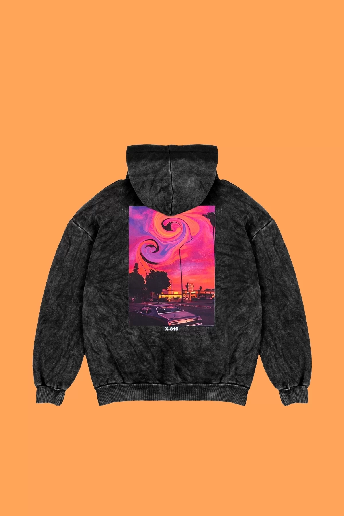 Yıkamalı Siyah Summer Love Sırt Baskılı Oversize Unisex Hoodie