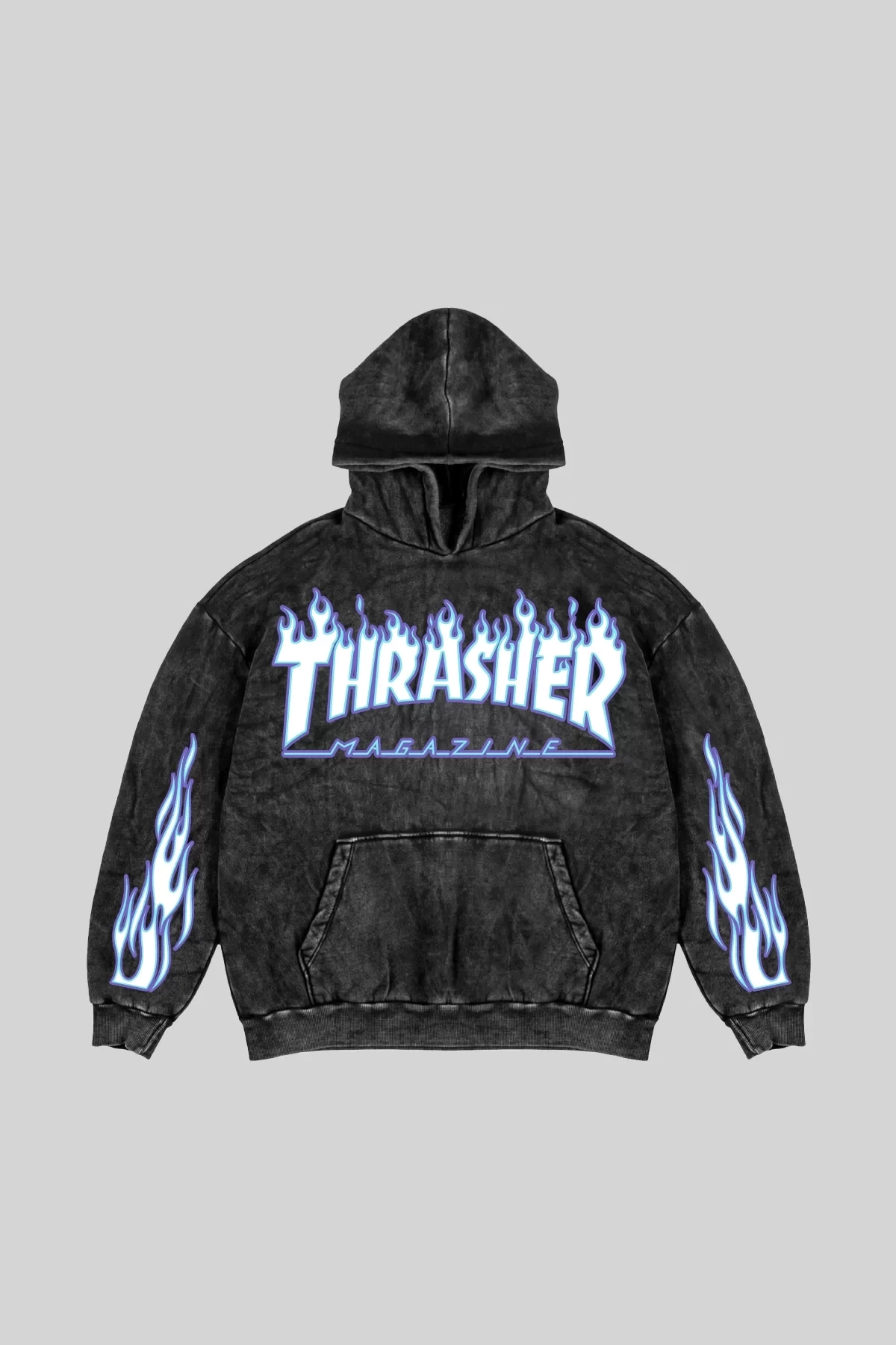 Yıkamalı Siyah Thrasher Flam Baskılı Oversize Unisex Hoodie