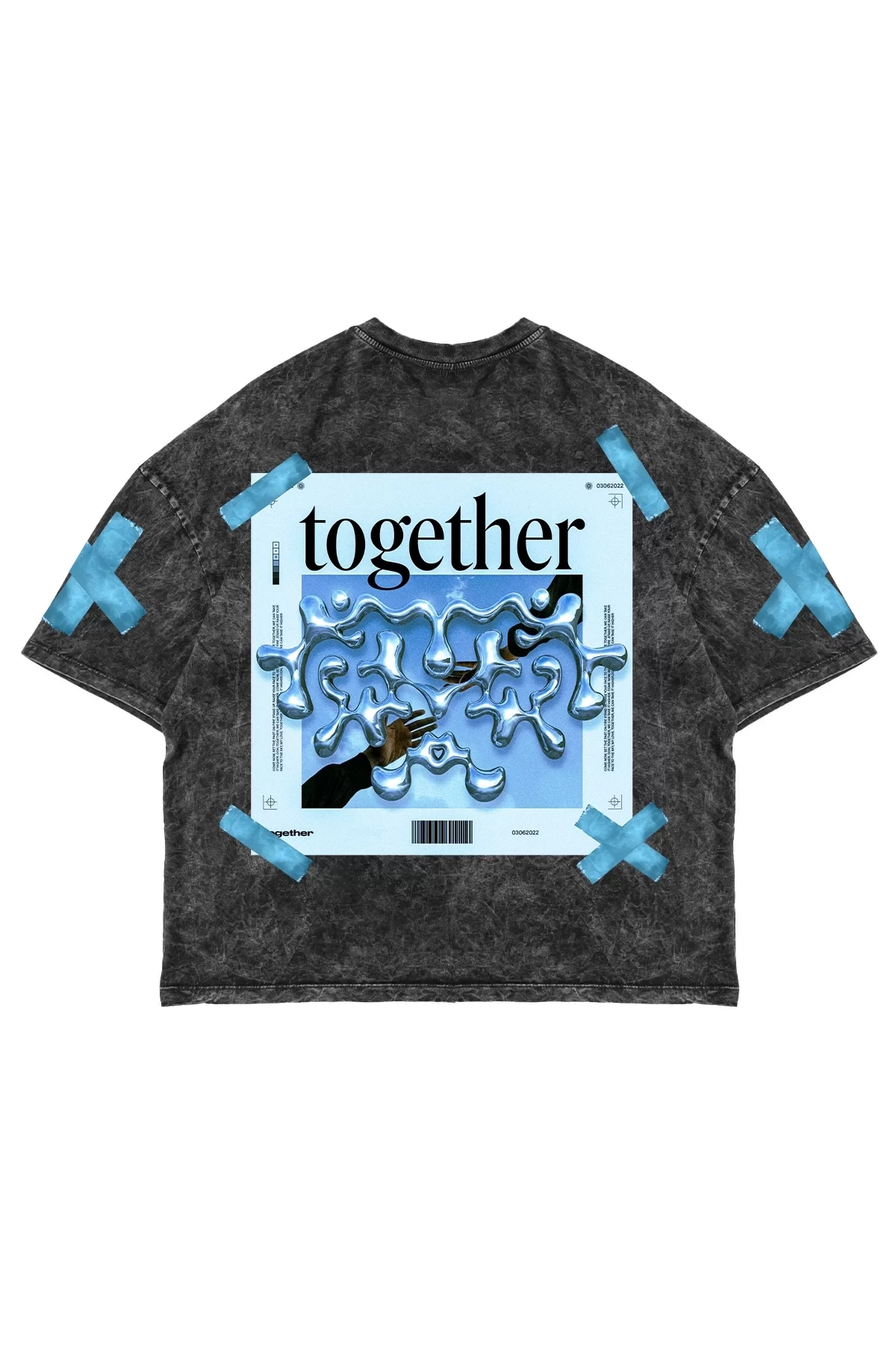 Yıkamalı Siyah Together Sırt Baskılı Oversize Unisex Tshirt