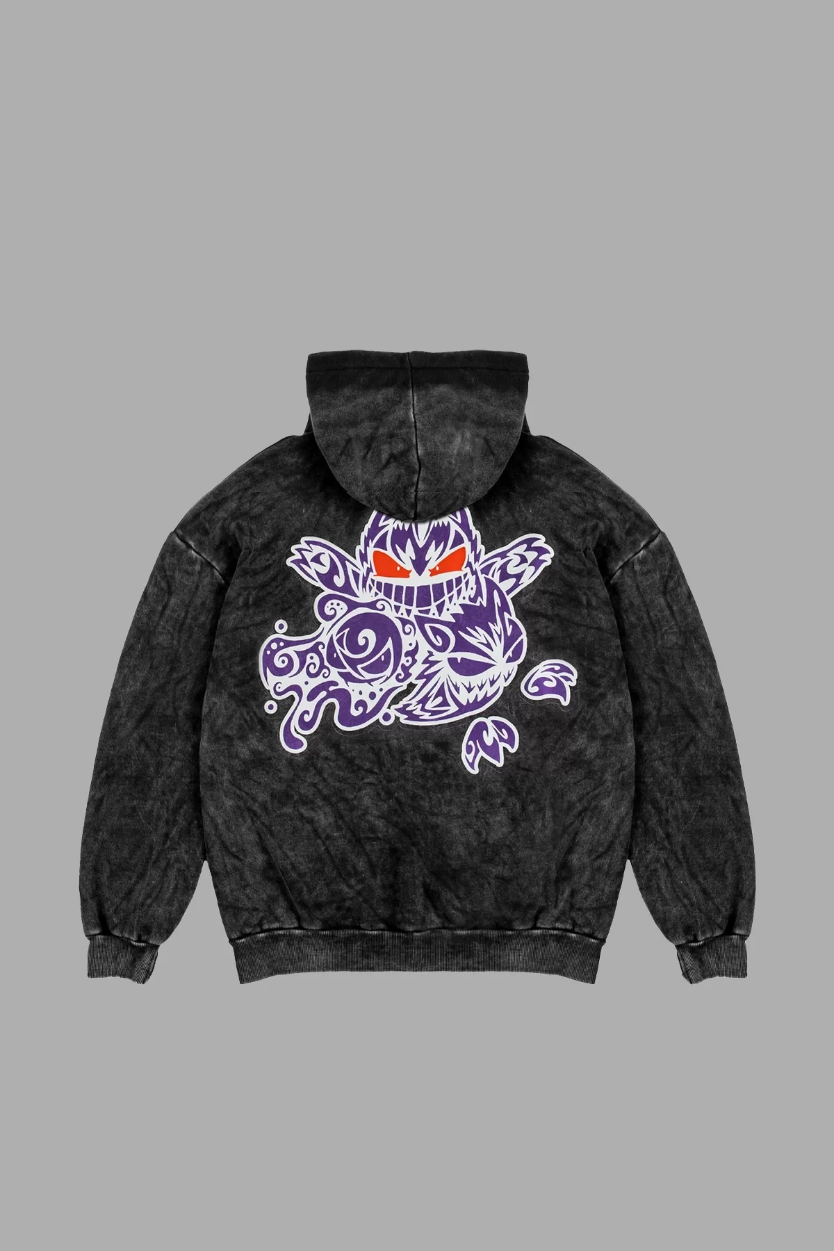 Yıkamalı Siyah y2K Gengar Sırt Baskılı Oversize Unisex Hoodie