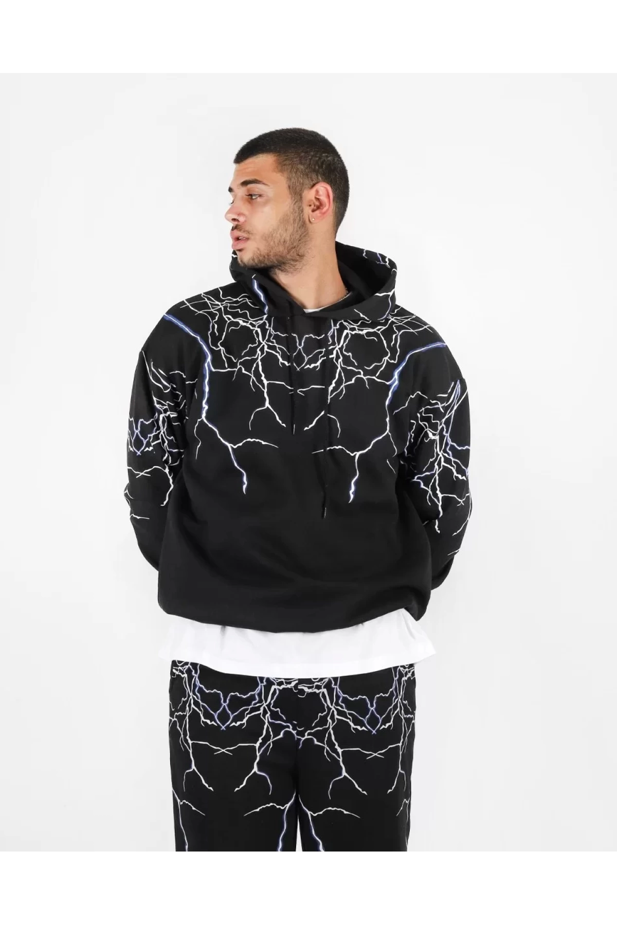 Yıldırım Baskılı Siyah Oversize Kapüşonlu Sweatshirt