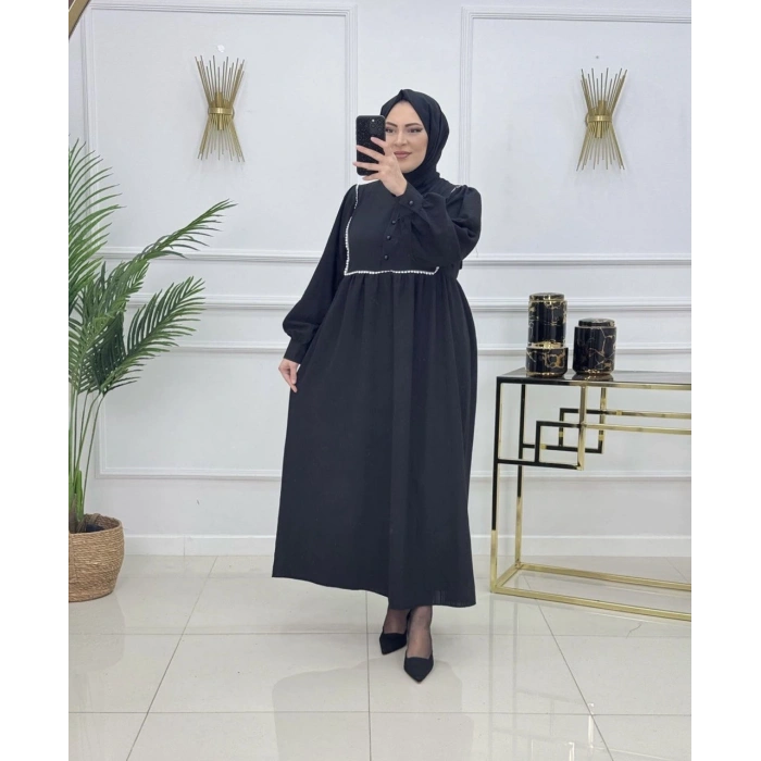AL Butik | Şerit Detaylı Medine İpeği Tesettür Elbise