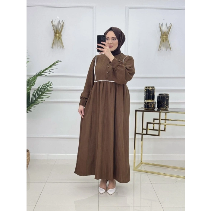 AL Butik | Şerit Detaylı Medine İpeği Tesettür Elbise
