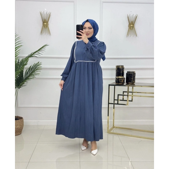 AL Butik | Şerit Detaylı Medine İpeği Tesettür Elbise