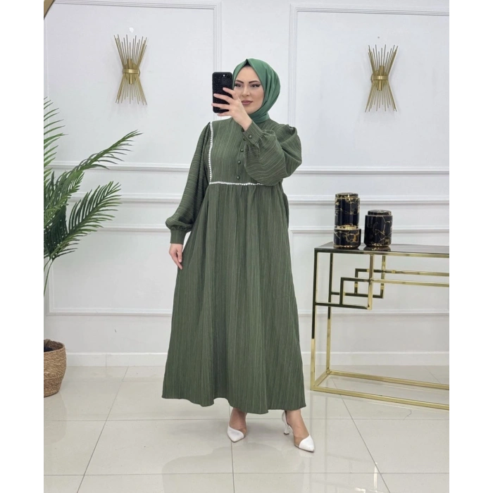 AL Butik | Şerit Detaylı Medine İpeği Tesettür Elbise