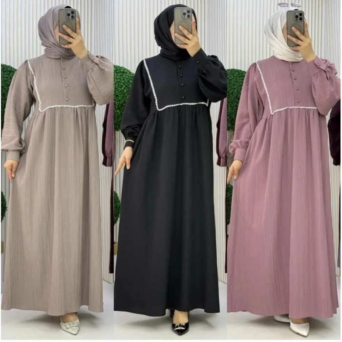 AL Butik | Şerit Detaylı Medine İpeği Tesettür Elbise
