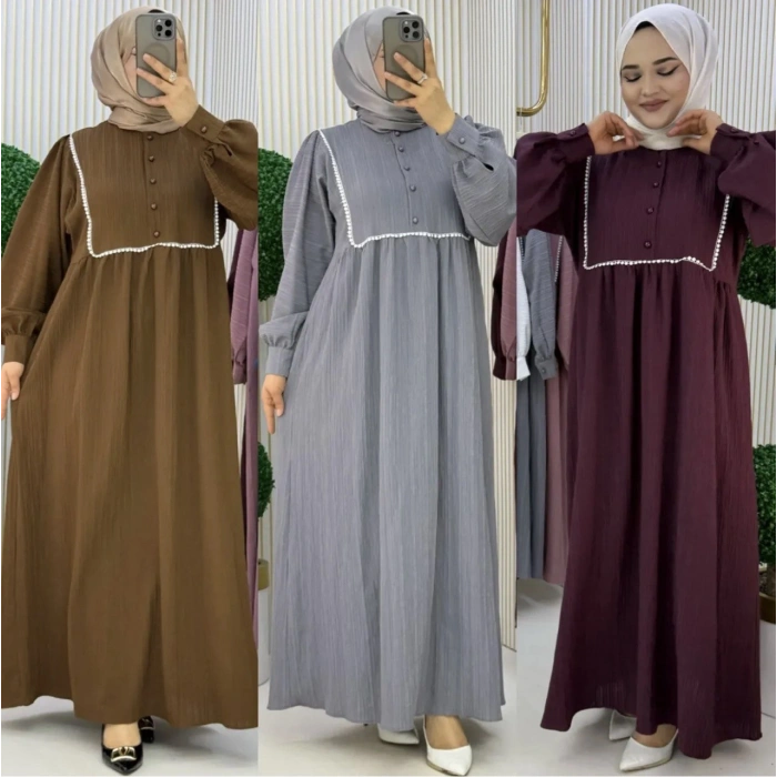 AL Butik | Şerit Detaylı Medine İpeği Tesettür Elbise