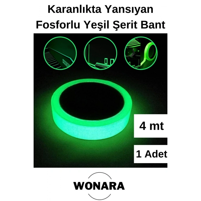 Premium Yapışkanlı Karanlıkta Yansıyan Işık Veren Fosforlu (Fotolümen) Yeşil Şerit Bant 4 mt 1 Adet