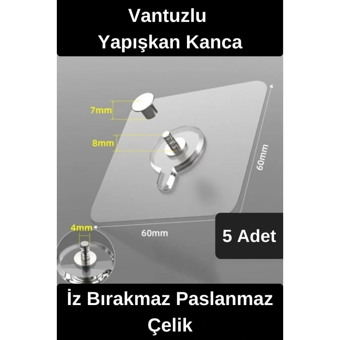 Dayanıklı Yapışkan Kanca İz Bırakmaz Süper Güçlü Vantuzlu Askı Cam Fayans Seramik Mermer 5 Adet