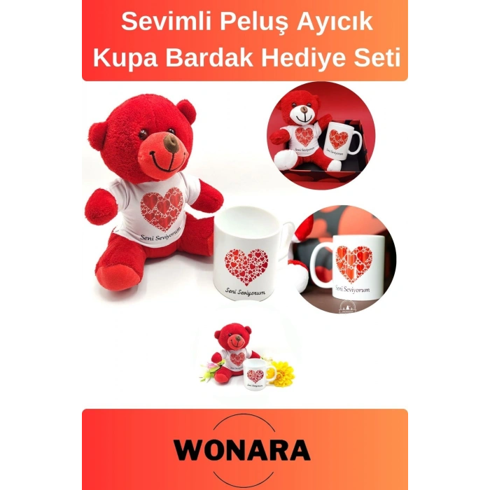 Özel Üretim Sevgili, Eş Seni Seviyorum Tasarımı Hediyelik Ayıcık ve Kupa Bardak Seti