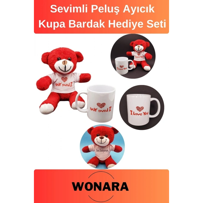 Özel Üretim Sevgili, Eş I Love You Tasarımı Hediyelik Ayıcık ve Kupa Bardak Seti