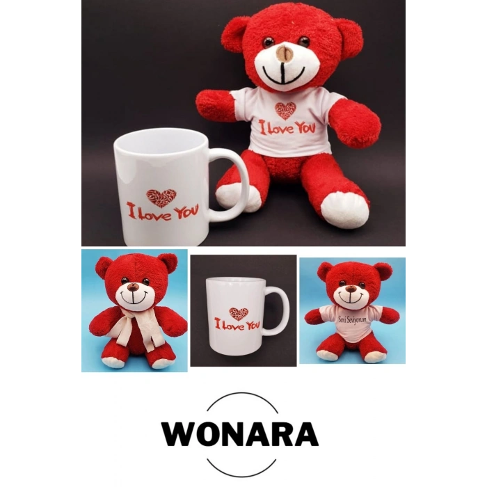 Özel Üretim Sevgili, Eş I Love You Tasarımı Hediyelik Ayıcık ve Kupa Bardak Seti