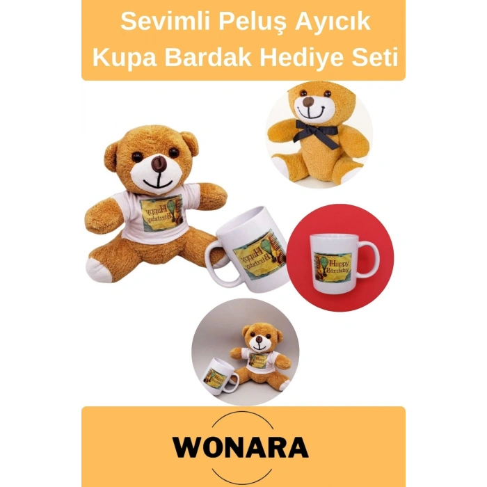 Özel Üretim Doğum Günü Hediye Seti - Happy Birthday Kupa ve Peluş Ayıcık Tasarımı