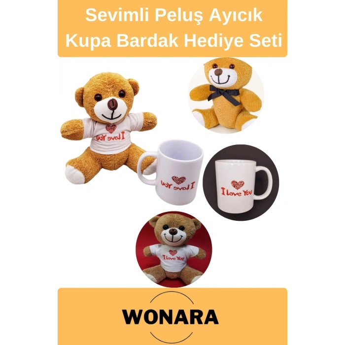 Özel Üretim Sevgili, Eş I Love You Tasarımı Hediyelik Ayıcık ve Kupa Bardak Seti