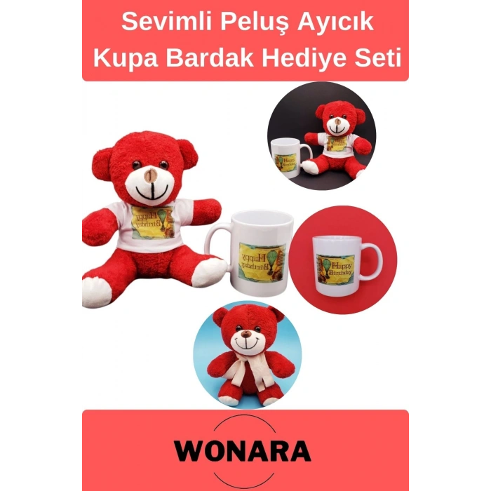 Özel Üretim Doğum Günü Hediye Seti - Happy Birthday Kupa ve Kırmızı Ayıcık Tasarımı