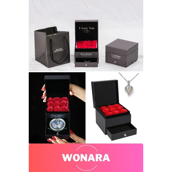 Özel Tasarım Sevgiliye Anneye Arkadaşa Uygun Kırmızı Gül Çekmeceli Kutu İstiridye İnci Kolye Seti