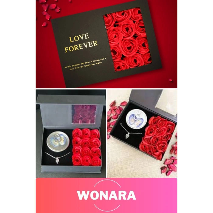 Özel Tasarım Sevgiliye Anneye Arkadaşa Uygun Kırmızı Gül Dolu Kutulu İstiridye İnci Kolye Seti