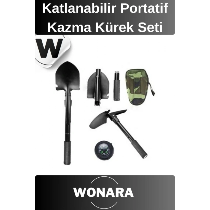 Premium Katlanabilir Portatif Kamp Kürek Pusula Testere Kazma Seti Çantalı Pratik Deprem Ekipmanı