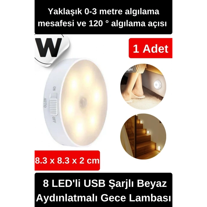 Özel Tasarım Mıknatıslı 3 Modlu Hareket Sensörlü 8 LEDli USB Şarjlı Beyaz Aydınlatmalı Gece Lambası